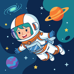 Naklejka premium This delightful illustration captures a joyful child astronaut floating in space, surrounded by colorful planets and stars, symbolizing exploration and imagination.
