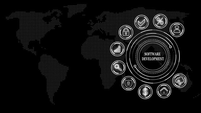 Global Business software development Concept with Digital Technology Icons on World Map Background. 4k video