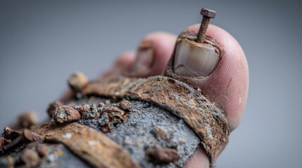 Fototapeta premium Close up of a foot with toenail fungus showing signs of decay and damage near sharp objects in an outdoor setting