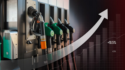 Gasoline prices are rising sharply, indicated by a growing arrow and financial chart © shine.graphics