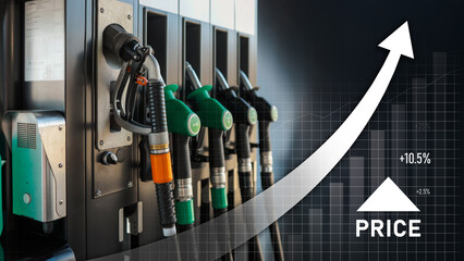 Gasoline prices are rising sharply, indicated by a rising arrow and bar chart