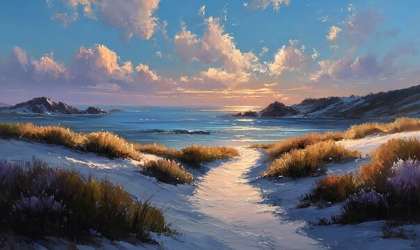 Softly painted sunset horizon blending blue, cream, and golden hues over a serene valley and winding path