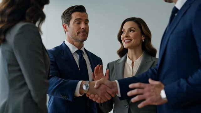 Business professionals shaking hands in a modern office setting.