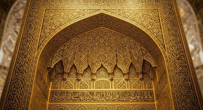 Detailed Islamic art featuring Arabic calligraphy and golden patterns, intricate architectural design in a mosque, showcasing cultural heritage and religious significance.