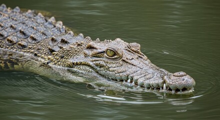 Fototapeta premium Close-up of a crocodile swimming in water showing teeth, eye and textured skin.