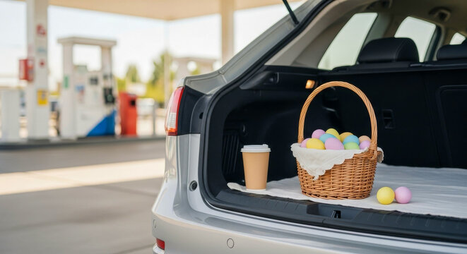 easter weekend travel vacation roadtrip gasstation trunk basket eggs coffee in car boot, holiday stop copyspace deal