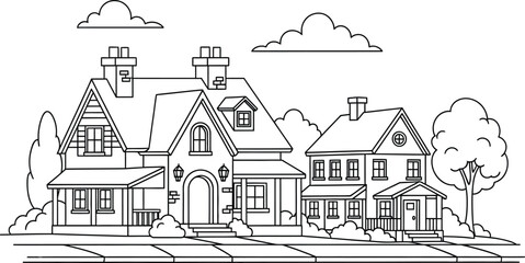 Fototapeta premium A black and white drawing of two houses on a suburban street