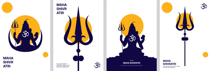 Modern Maha Shivratri Banner Collection With Blue And Gold Abstract Design Featuring Trident Symbols And Shiva Silhouette For Festival Greetings Posters Social Media And Event Promotions © Nahlnarendra