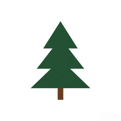 A minimalist graphic illustration of a dark green evergreen tree with a brown trunk on a white background.