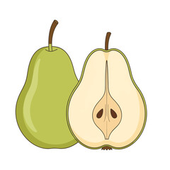 A whole green pear stands next to a halved green pear, revealing its seeds and core, set against a white background.