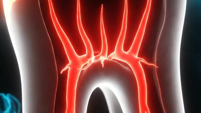 Abstract 3D Medical Animation of Diseased Tooth Pulp with Orange Inflammation and Red Necrosis on Dark Blue Glowing Background