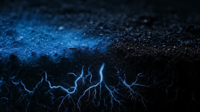 Abstract blue fractal lightning network pattern emerges from dark textured surface with glowing particles and illuminated branches