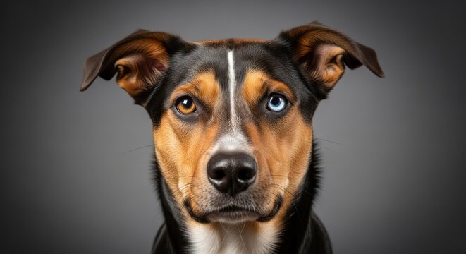 Portrait of a mixed breed dog with heterochromia, one blue and one brown eye on gray background. Cute dog looking at camera.