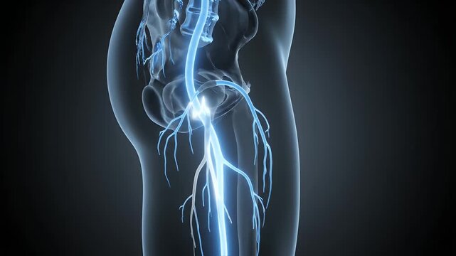 Close Up Medical Animation of Human Sciatic Nerve Showing Intricate Branching Blue Light on Dark Gray Background
