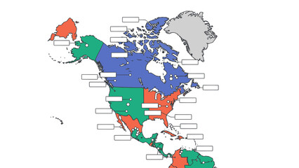 Obraz premium North America Map Regions Color Coded Divided Territories Blank Labels for Text and Information Overlay Graphic Design Template