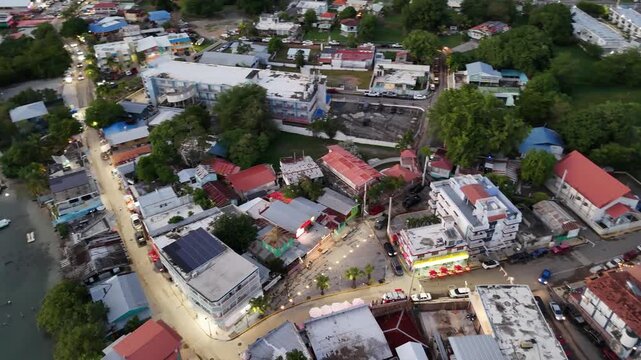 Aerial Drone View of Boqueron Town and Waterfront Streets at Dusk in Puerto Rico