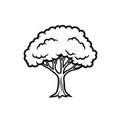 A simple, stylized black and white illustration of a deciduous tree with a full, rounded canopy and a thick trunk.