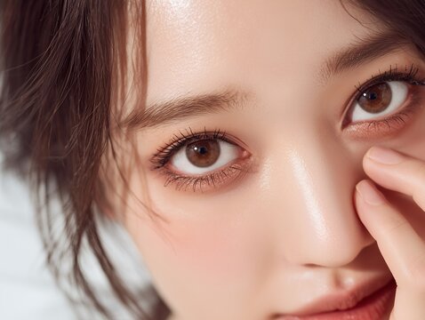 明るい光の中でぱっちりとした目元が印象的な茶髪の若い女性のアップ