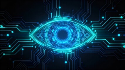 Obraz premium Glowing blue eye formed from light circuits on dark background symbolizing artificial intelligence and technology