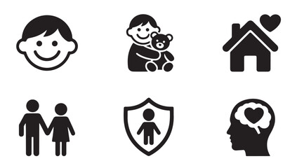 Set of black and white cartoon icon featuring smiling boy, child holding teddy bear, family home