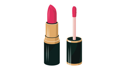 Fototapeta premium Digital illustration of vibrant pink lipstick in an elegant tube next to matching liquid lip gloss with applicator, symbolizing beauty, makeup, and cosmetic fashion