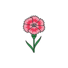 A simple, flat illustration of a pink carnation flower with a green stem and leaves, outlined in black on a white background.