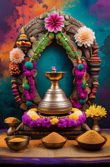 Obraz premium Traditional Indian New Year Vishu festival in Kerala, symbols of Hindu holiday festive AI Generative