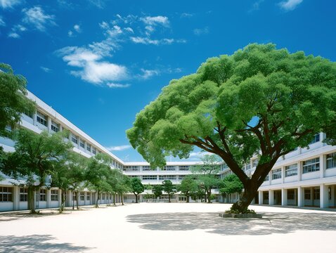 青空の下にそびえ立つ大きな一本の木と白い校舎が印象的な誰もいない夏の小学校の校庭