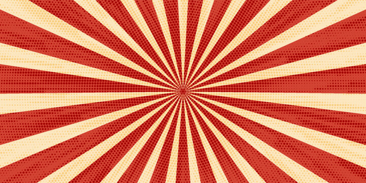 Retro red background with vintage circus sunburst. Psychedelic colorful swirl poster, abstract pattern in 70s carnival style. Hypnotic sunburst vector illustration.
