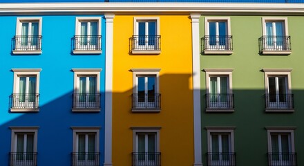Obraz premium Colorful Building Facade with Windows and Balconies, Modern Architecture Photography with Vibrant Blue, Yellow, and Green Sections, Urban Exterior Design for Real Estate and Travel Concepts