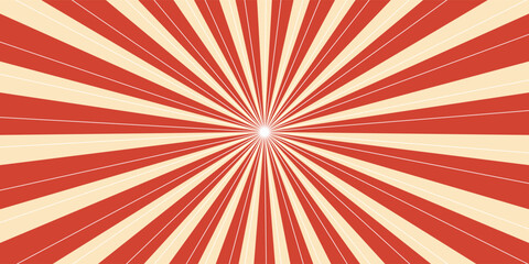 Retro red background with vintage circus sunburst. Psychedelic colorful swirl poster, abstract pattern in 70s carnival style. Hypnotic sunburst vector illustration. © towilah