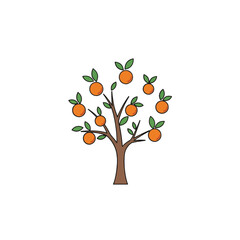 A simple, flat-style illustration of an orange tree featuring a brown trunk, branches, and ripe orange fruits with green leaves, set against a white background.