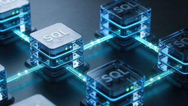 Isometric 3d render of interconnected glass like server blocks with sql on top blue neon lights and dark background representing database architecture and technology infrastructure