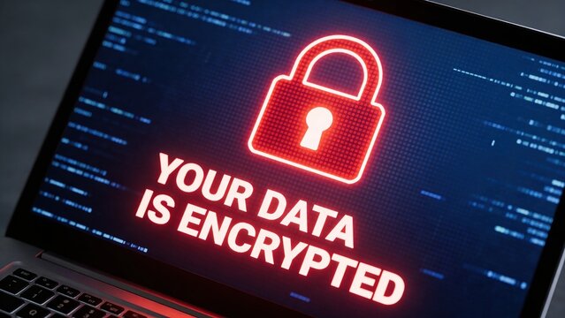 Ransomware attack on laptop screen with encrypted data warning message and red lock icon