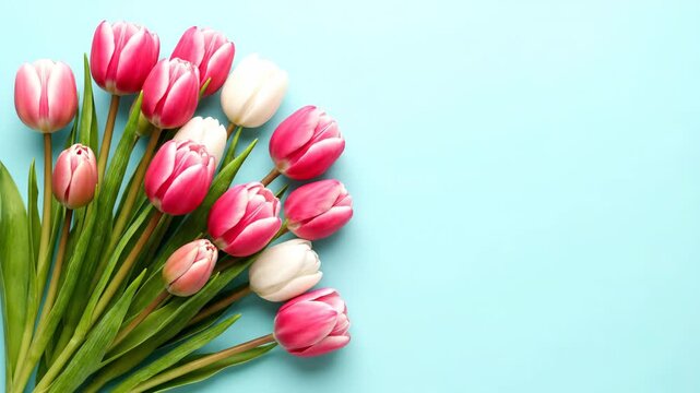 A beautiful bouquet of pink and white spring tulips on a light blue background. Perfect floral banner for mothers day or womens day greetings with copy space. Top view flat lay composition