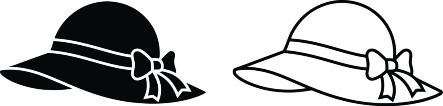 Black and white hats with bows isolated on transparent background, Vector