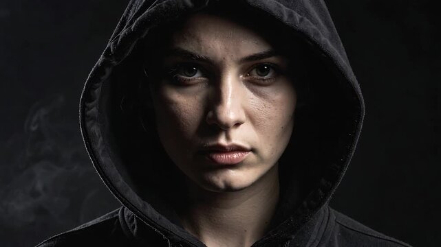 Dark dramatic portrait of hooded woman staring forward with intense expression against black background
