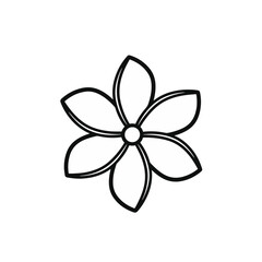 A minimalistic black outline drawing of a six-petaled flower with a circular center, set against a white background. This simple, clean, and abstract vector icon is suitable for various desi