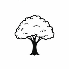 A black and white stylized illustration of a tree featuring a fluffy, cloud-like canopy and a sturdy trunk, centered on a plain white background.