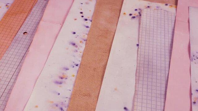 Handmade recycled paper with natural vegetable dye in soft peach, lavender, and earth tones. Vintage craft sheets with rough texture and organic plant-based pigments for scrapbooking. 