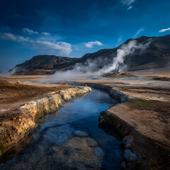 Fototapeta premium A geothermal valley with streams of steam rising from cracks in the ground