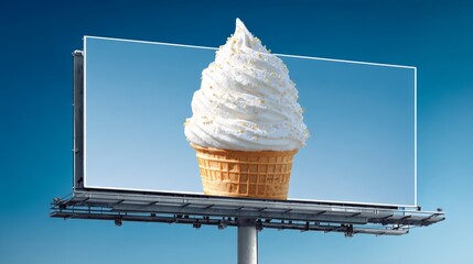 Giant ice cream cone on billboard against blue sky with clean design and space for text in bright sunlight
