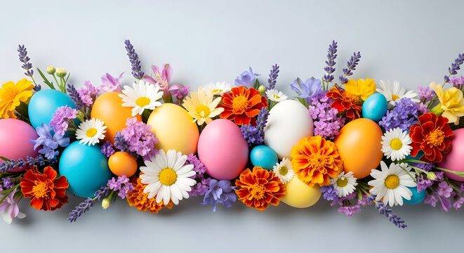 Vibrant easter eggs and flowers arrangement for springtime celebrations