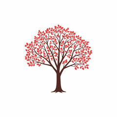 Obraz premium A stylized illustration of a deciduous tree with a brown trunk and branches, covered in vibrant red leaves, on a white background.