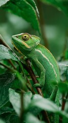 Obraz premium Bright green chameleon rests on a leafy branch in a dense forest during daylight hours