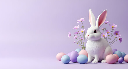Obraz premium Easter bunny surrounded by colorful eggs and flowers on easter sunday morning