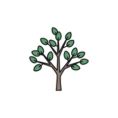 Obraz premium A simple cartoon illustration of a tree with a brown trunk and green leaves, outlined in black, on a white background.