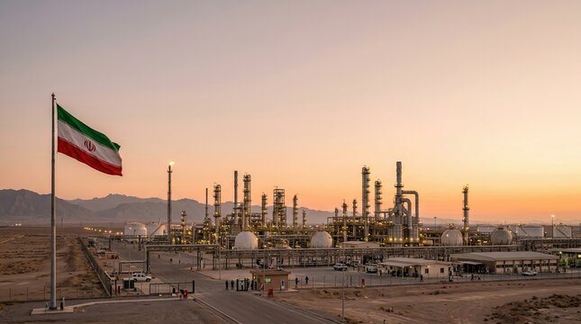 An extensive industrial complex with illuminated pipes, towers, and storage tanks operates at sunset in a desert landscape, as the flag of Iran waves prominently in the foreground, representing.
