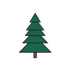 Fototapeta premium A stylized green pine tree with stacked triangular layers and a brown trunk on a white background.