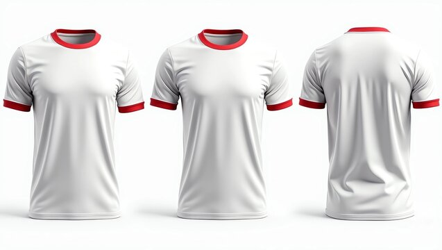 Blank ringer tee mockup in front, side, and back views isolated on grey background. 3d rendering, 3d illustration